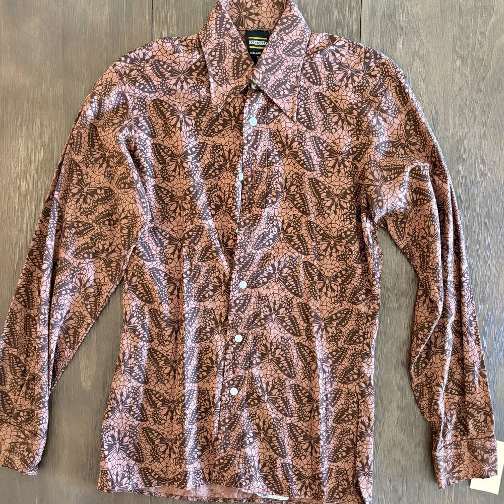 Vintage Keynote Brown Shirt – Butterfly Print – XS (14" Collar)